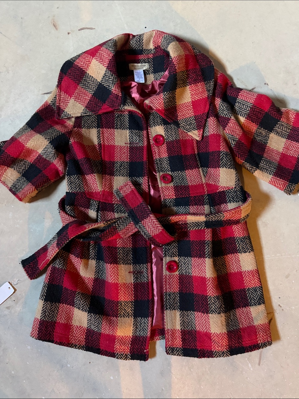 Moon Collection Red Black Tan Plaid Wool-Blend Pea Coat with Belted Waist